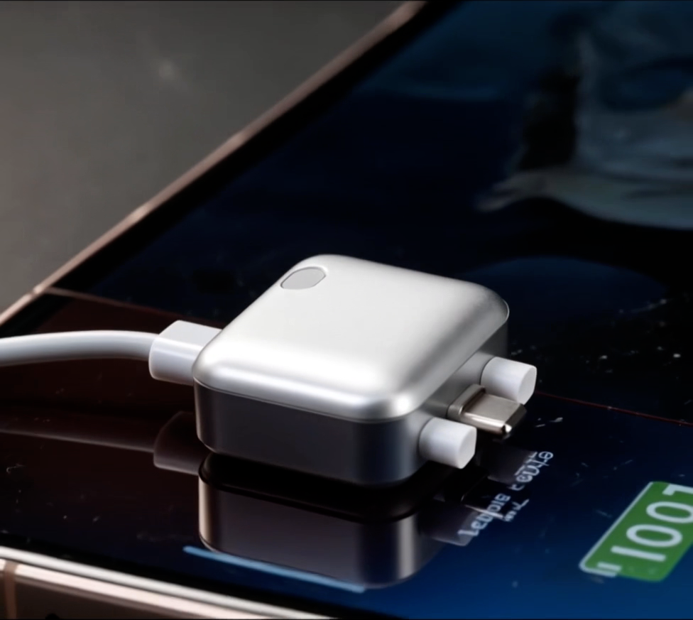 Chargeur intelligent voltelio 140W branché sur un iPhone, vu de profil